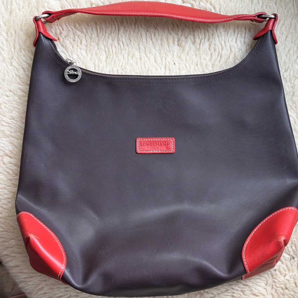 Longchamp Derby Black Dark Brown Red Accents Hobo Sling Purse Shoulder bag Vtg.